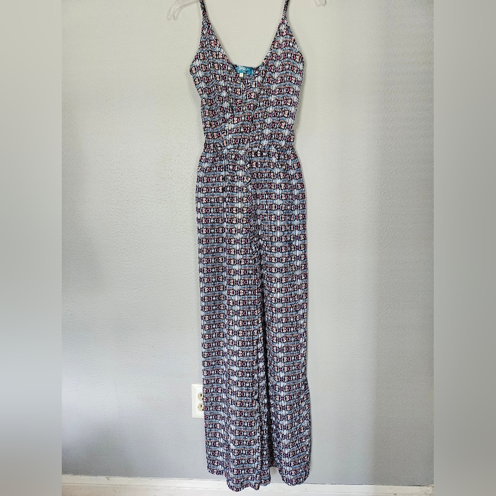 Buttons Blue Geometric Jumpsuit. Size S